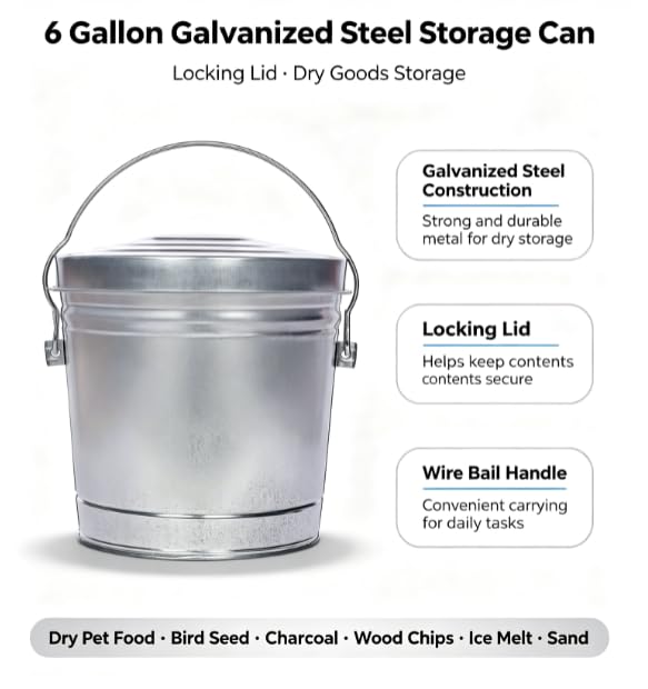 Galvanized Steel 6 Gallon Storage Can with Locking Lid Z4919