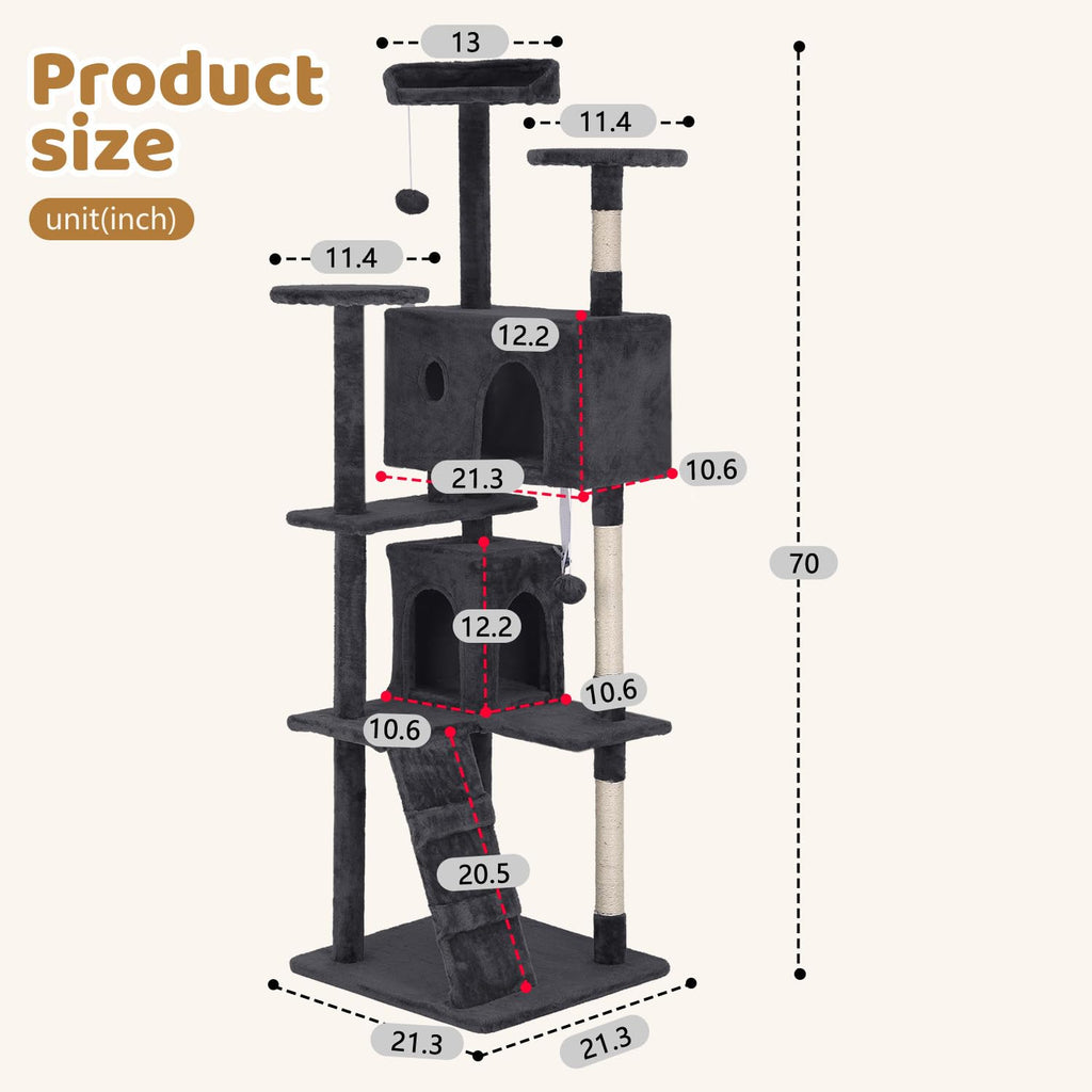 70 Inch Dark Gray Multi-Level Cat Tree with Condo Y219858