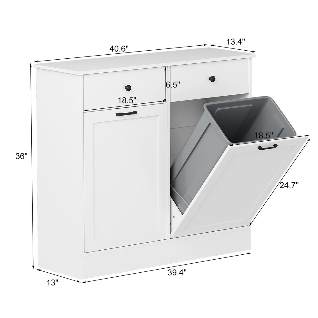 White 20 Gallons Wooden Tilt Out Trash Can Cabinet with 2 Drawers J3654