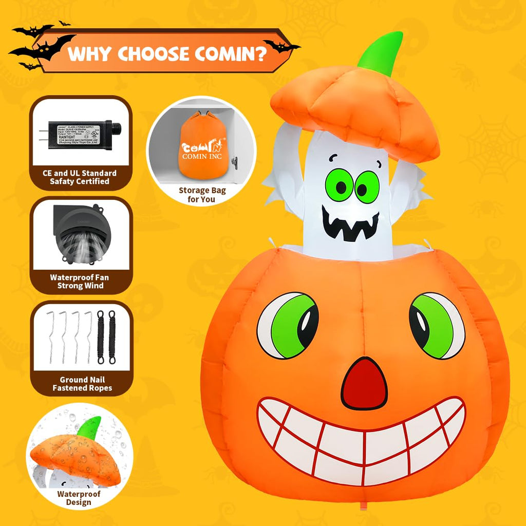 5 FT Animated Pumpkin Ghost Inflatable Outdoor Decoration W7854