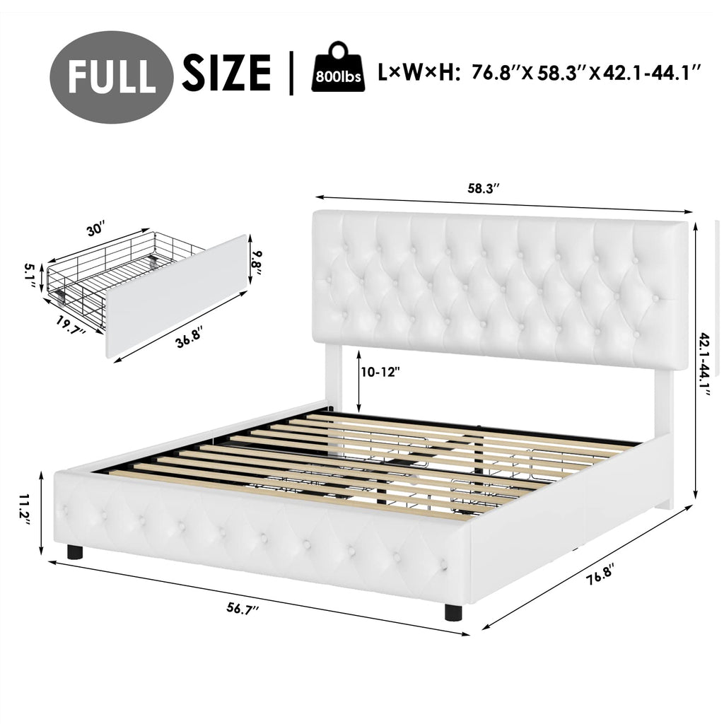 Full Size White Faux Leather Upholstered Platform Bed Frame with 4 Storage Drawers S2343