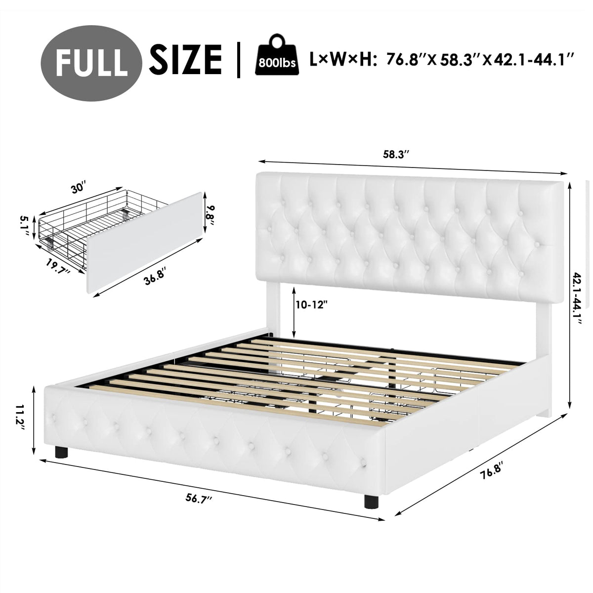 Full Size White Faux Leather Upholstered Platform Bed Frame with 4 Storage Drawers S2343