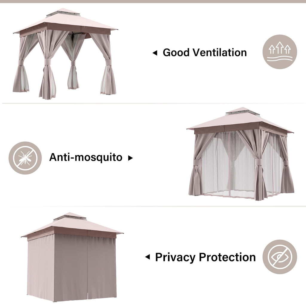 8x8 Outdoor Gazebo with Curtains, Netting & Double Roof I332