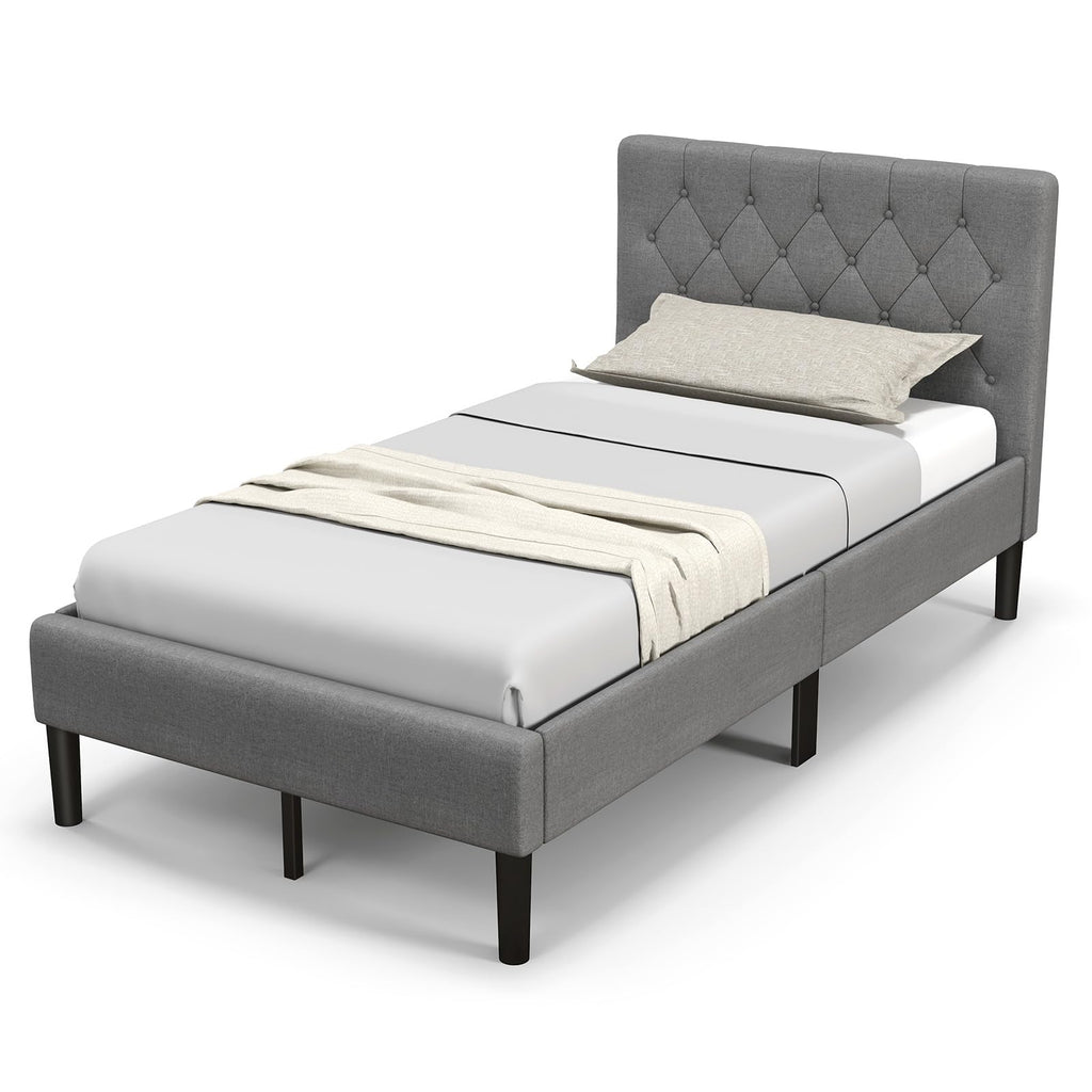 Grey Twin Upholstered Platform Bed with Headboard X12488