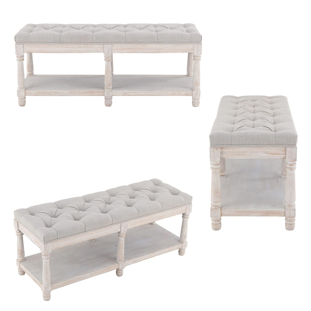 Beige Linen Upholstered Tufted Storage Bench with Shelf Z5530