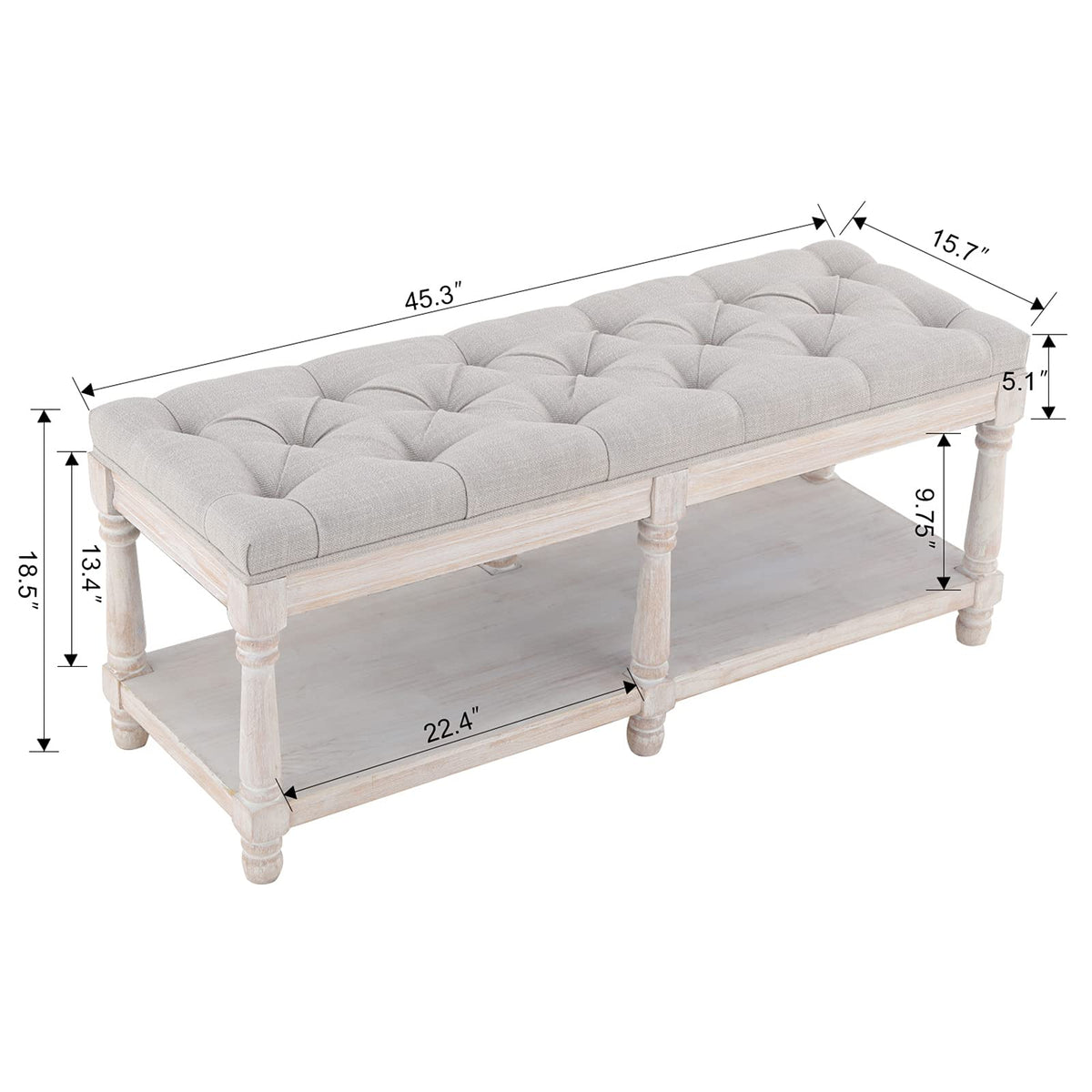 Beige Linen Upholstered Tufted Storage Bench with Shelf Z5530