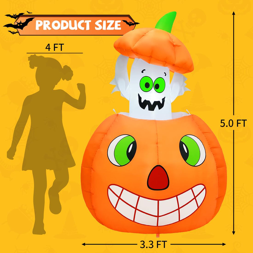 5 FT Animated Pumpkin Ghost Inflatable Outdoor Decoration W7854
