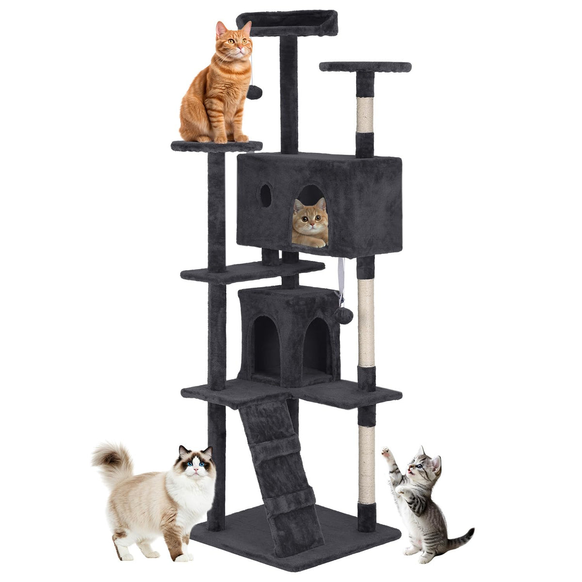 70 Inch Dark Gray Multi-Level Cat Tree with Condo Y219858