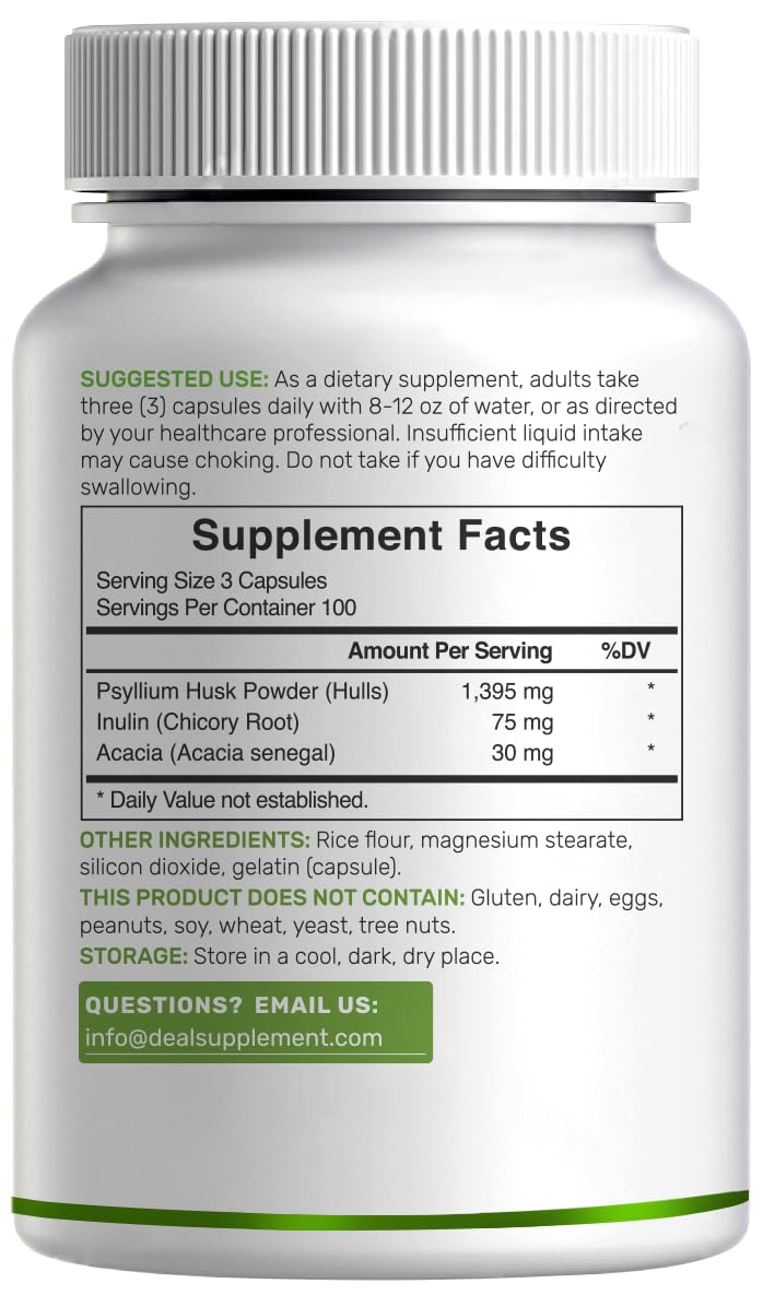 Psyllium Husk 1500mg 300 Capsules 3 in 1 Fiber Supplement B495802