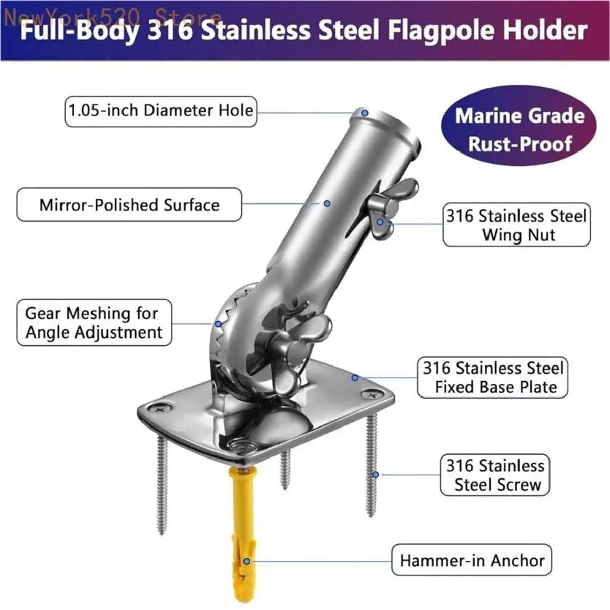 Heavy Duty Stainless Steel Adjustable Flag Pole Bracket T390