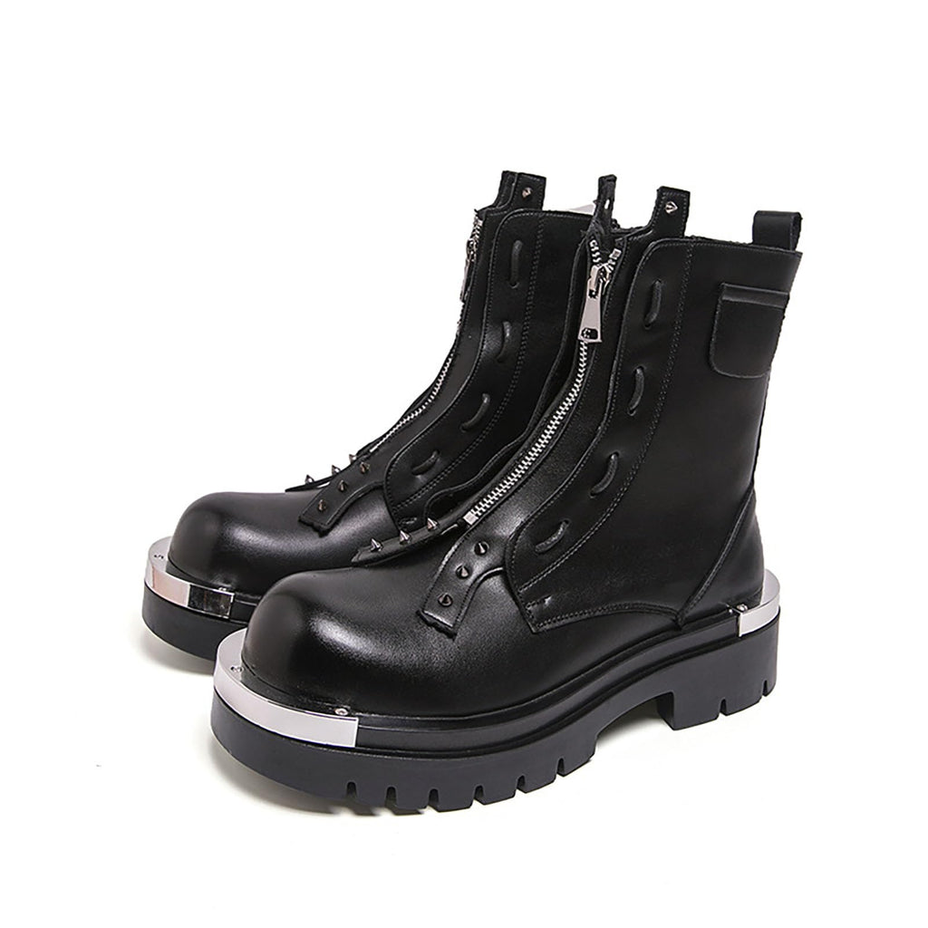 Men'S Leather Chunky Heel Motorcycle Boots With Front Zipper Round Toe Non-Slip Lug Sole Platform Ankle Boots E9569