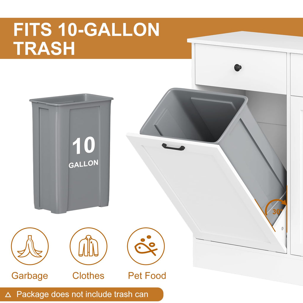 White 20 Gallons Wooden Tilt Out Trash Can Cabinet with 2 Drawers J3654