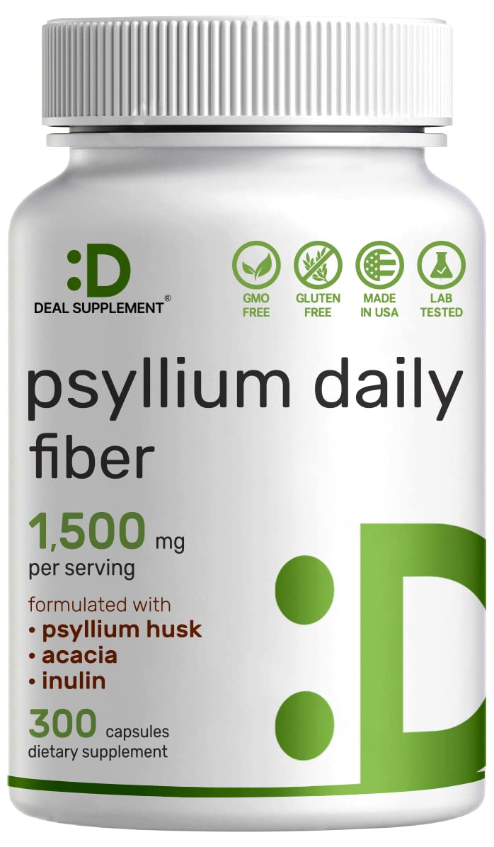 Psyllium Husk 1500mg 300 Capsules 3 in 1 Fiber Supplement B495802