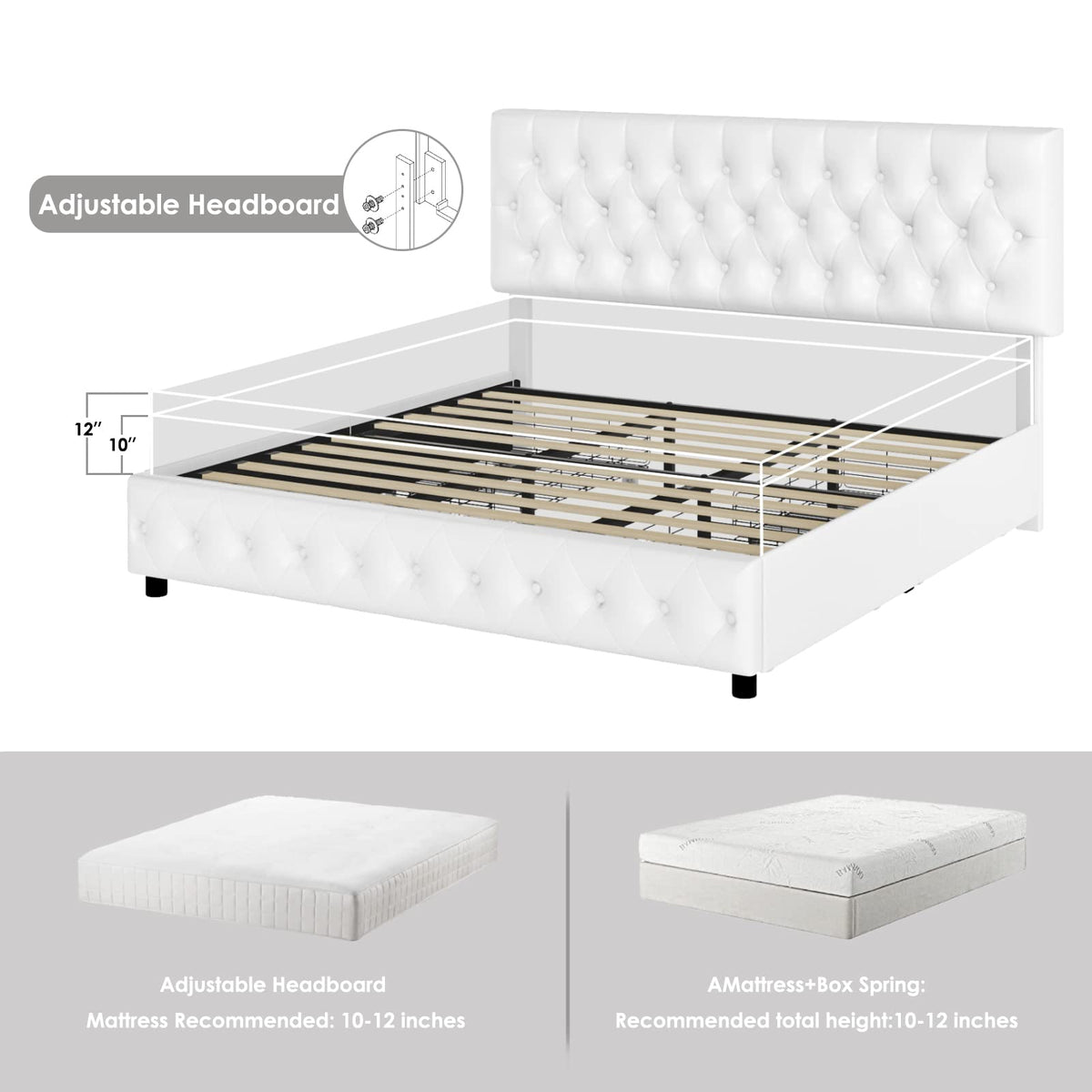 Full Size White Faux Leather Upholstered Platform Bed Frame with 4 Storage Drawers S2343