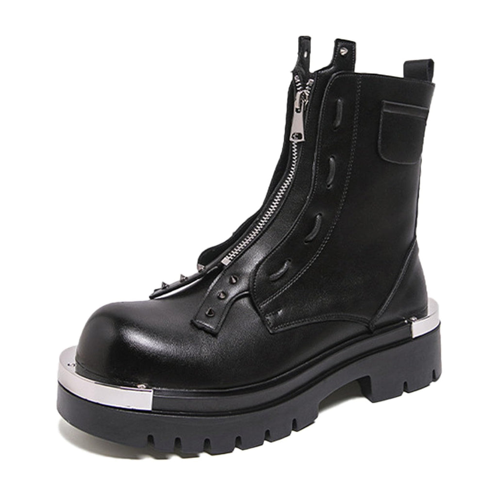 Men'S Leather Chunky Heel Motorcycle Boots With Front Zipper Round Toe Non-Slip Lug Sole Platform Ankle Boots E9569