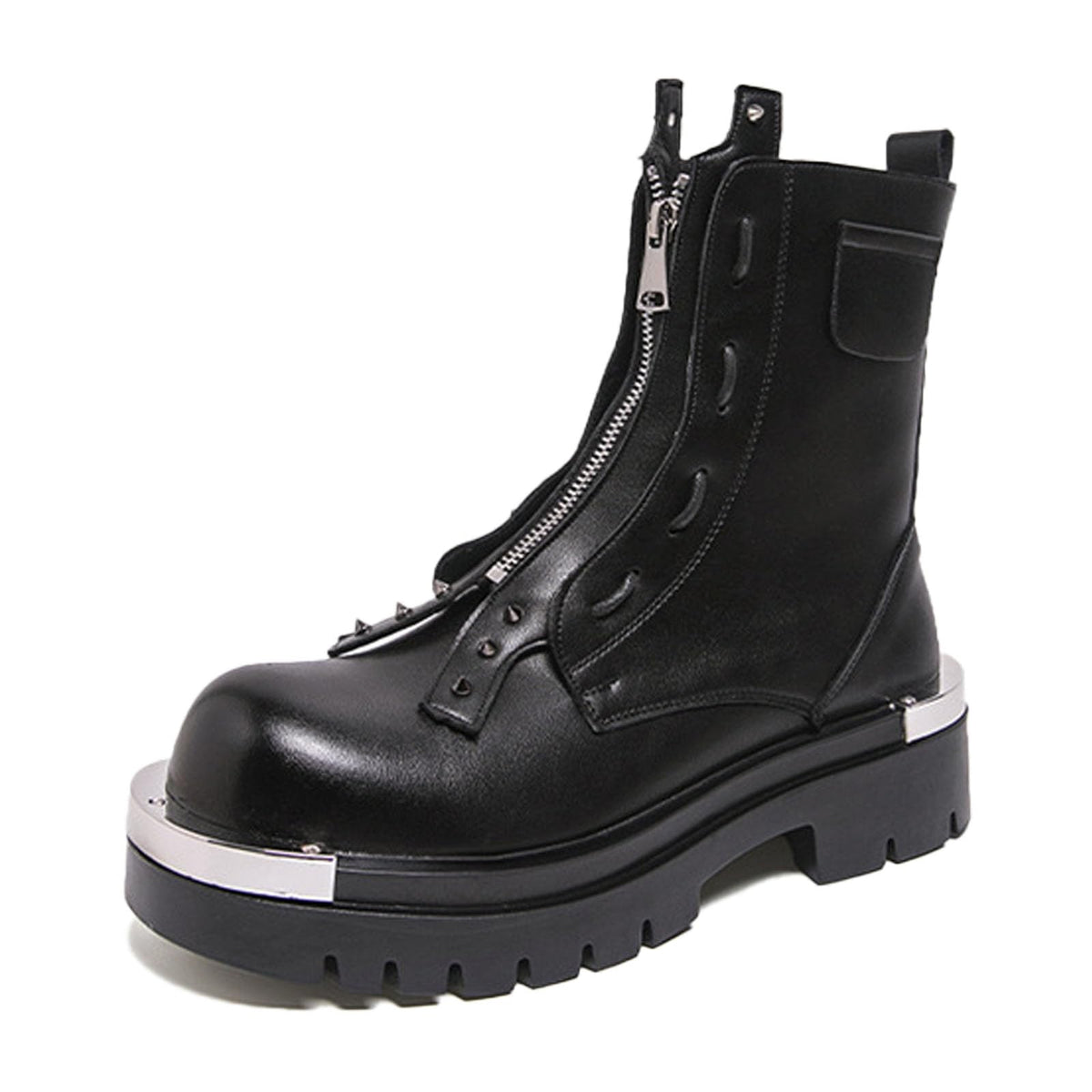 Men'S Leather Chunky Heel Motorcycle Boots With Front Zipper Round Toe Non-Slip Lug Sole Platform Ankle Boots E9569