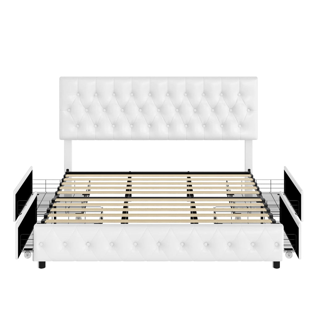Full Size White Faux Leather Upholstered Platform Bed Frame with 4 Storage Drawers S2343