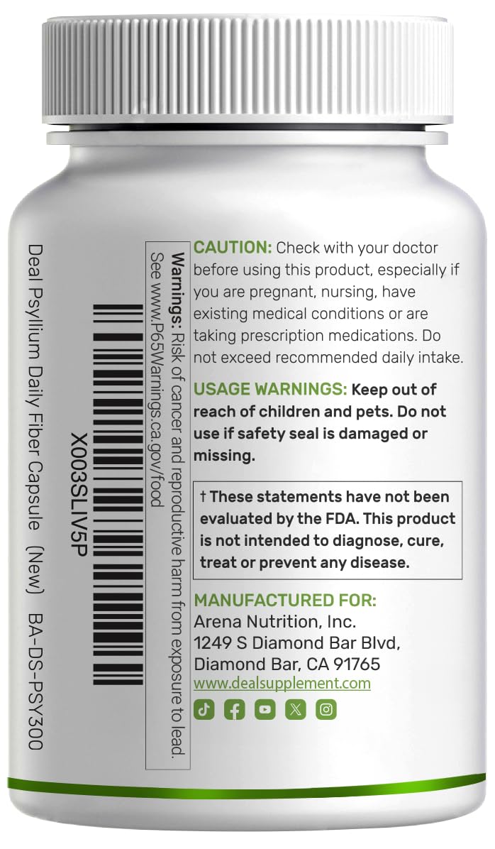 Psyllium Husk 1500mg 300 Capsules 3 in 1 Fiber Supplement B495802