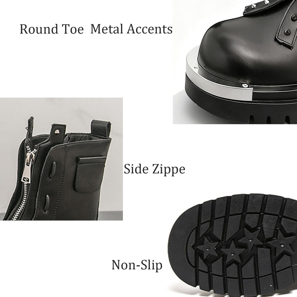Men'S Leather Chunky Heel Motorcycle Boots With Front Zipper Round Toe Non-Slip Lug Sole Platform Ankle Boots E9569