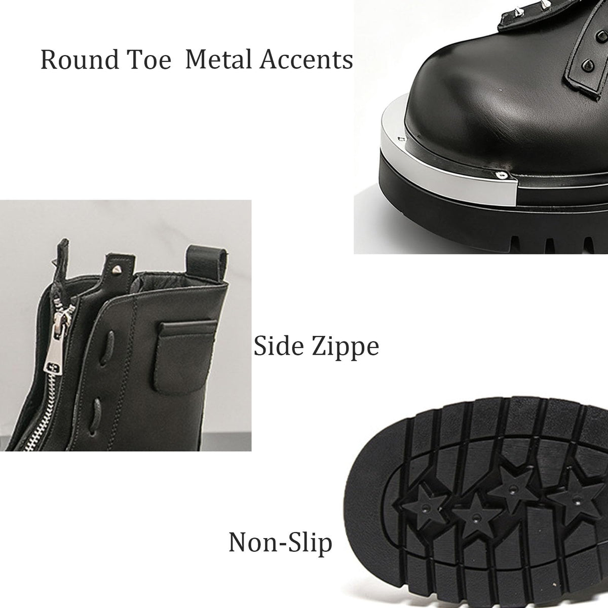 Men'S Leather Chunky Heel Motorcycle Boots With Front Zipper Round Toe Non-Slip Lug Sole Platform Ankle Boots E9569