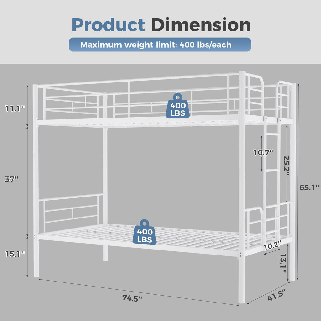 Metal Bunk Bed Twin Over Twin with Ladder and Guardrail Z804180