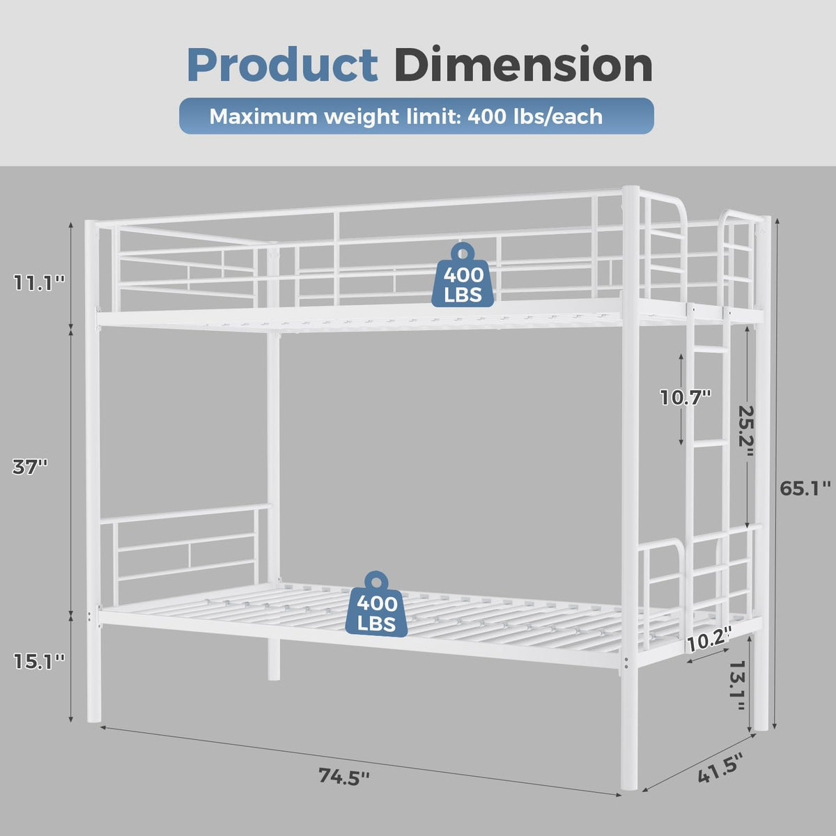 Metal Bunk Bed Twin Over Twin with Ladder and Guardrail Z804180
