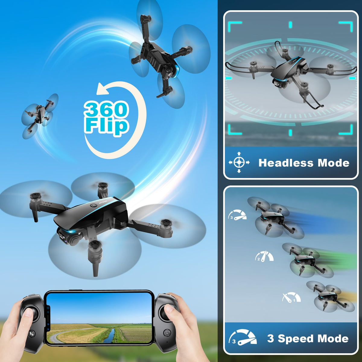 1080P HD Foldable Drone with Camera, 2 Batteries, Carrying Case C161