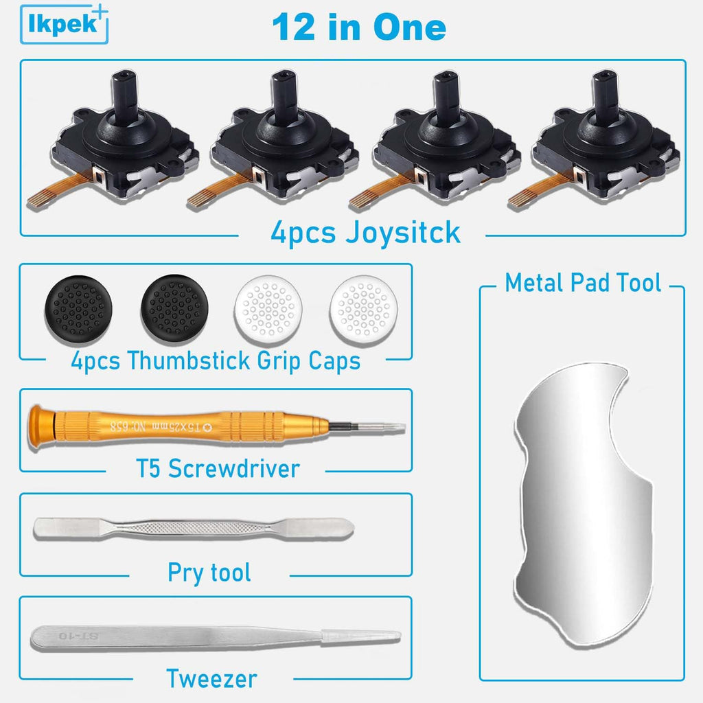 4 Pack Joystick Replacement Kit, Include 4 Joysticks, 4 Thumbstick Grips, T5 Screwdriver, Tweezer, Pry Tool G2956