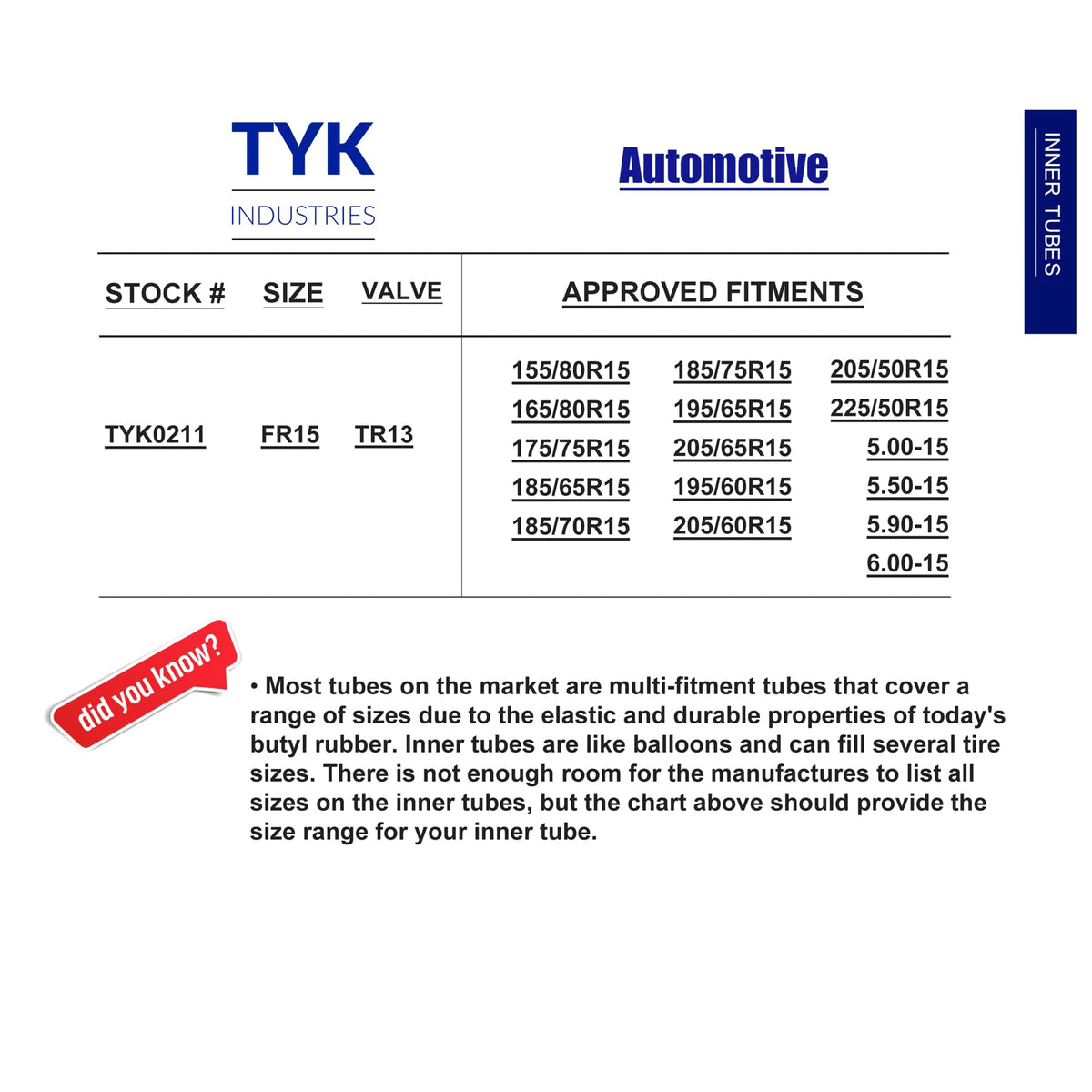 15 Inch Tire Inner Tube with TR13 Valve Stem K73518