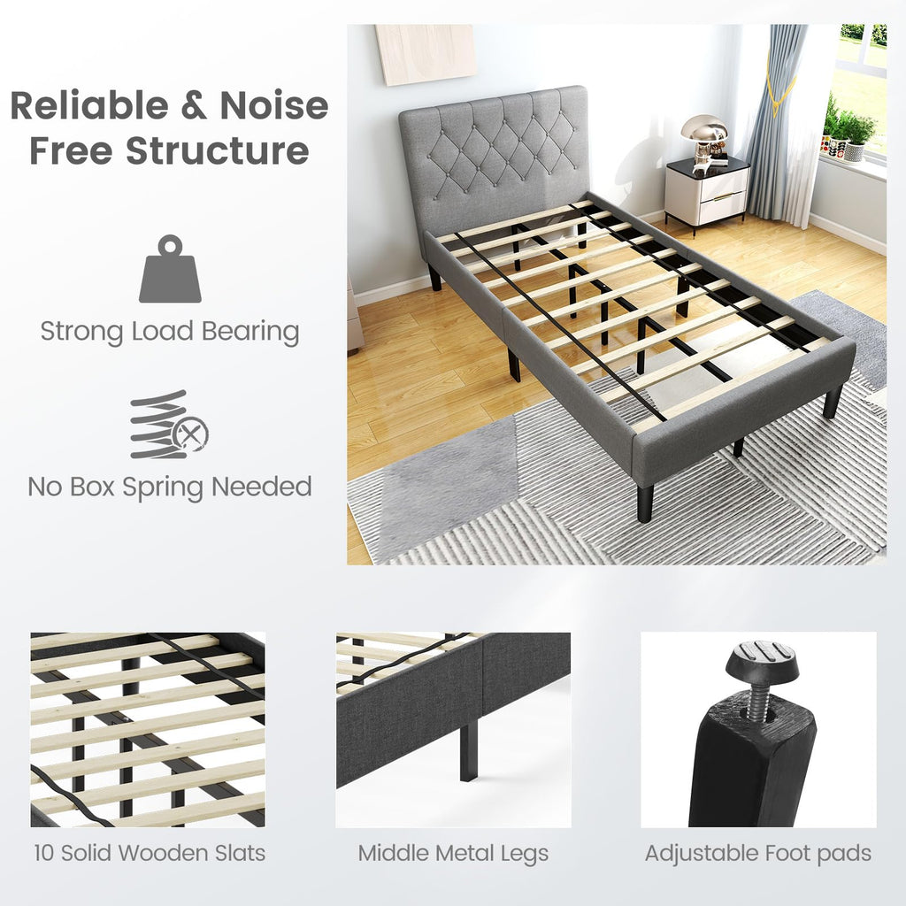 Grey Twin Upholstered Platform Bed with Headboard X12488