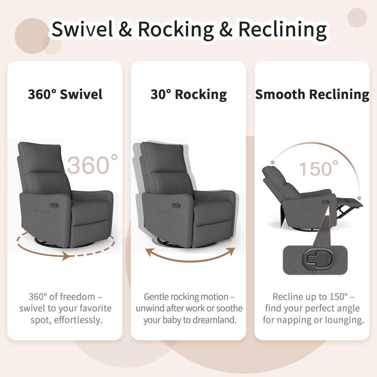Dark Gray Swivel Rocker Recliner Chair D1061