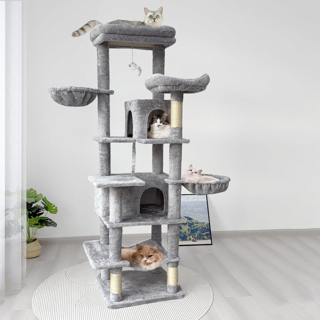 68 Inches Tall Multi-Level Cat Tree with Hammock and Light Gray T928