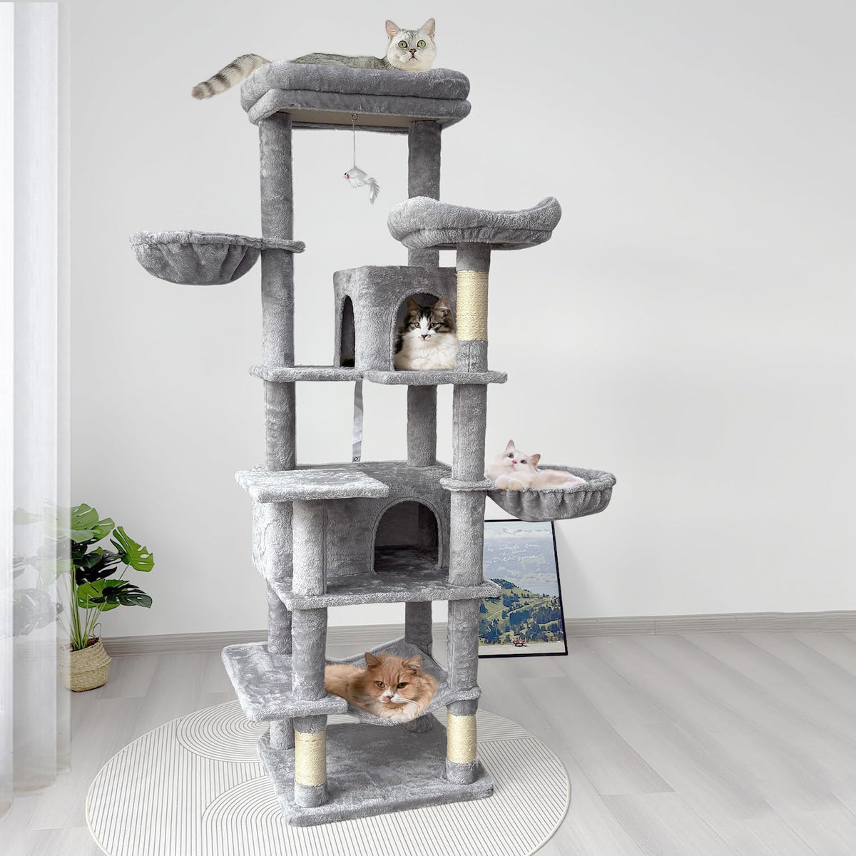 68 Inches Tall Multi-Level Cat Tree with Hammock and Light Gray T928