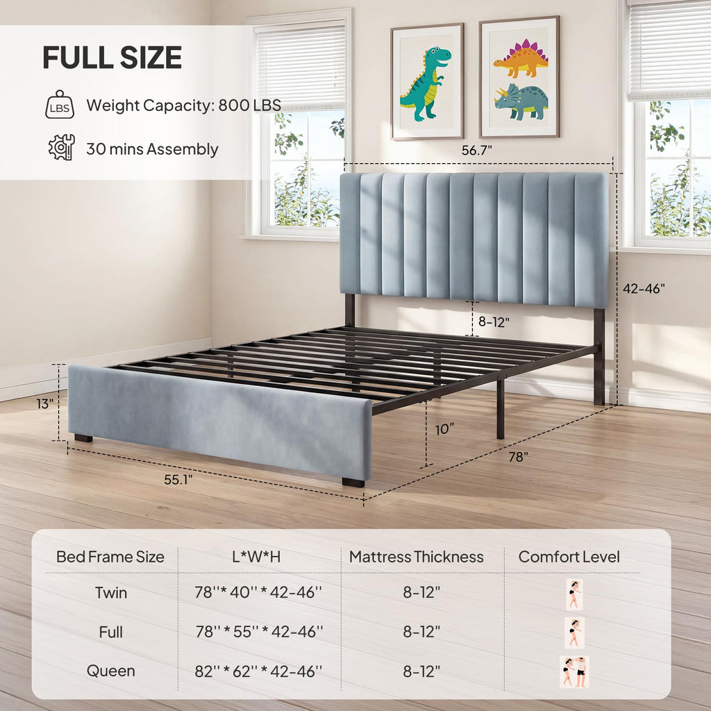 Full Size Blue Velvet Upholstered Bed Frame N600