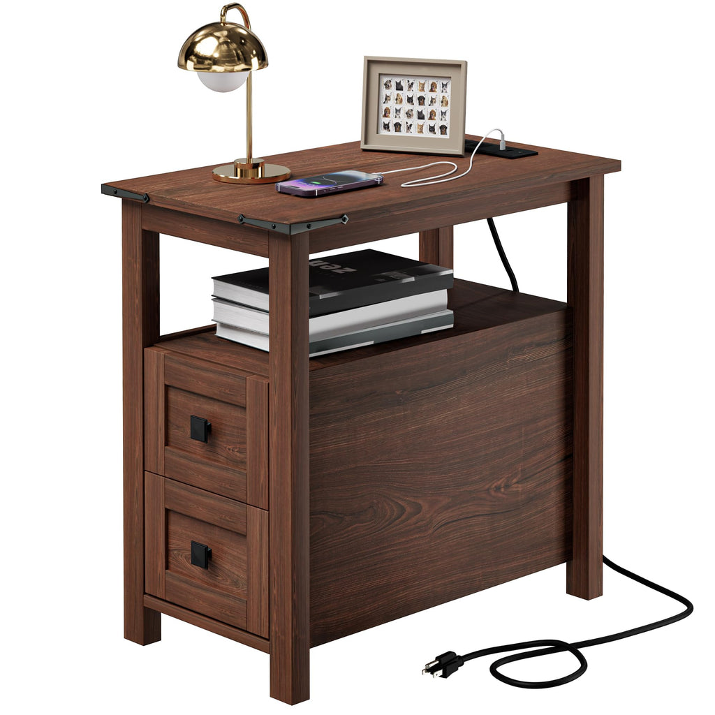 Cherry Wood End Table with Charging Station and 2 Storage Drawers E130