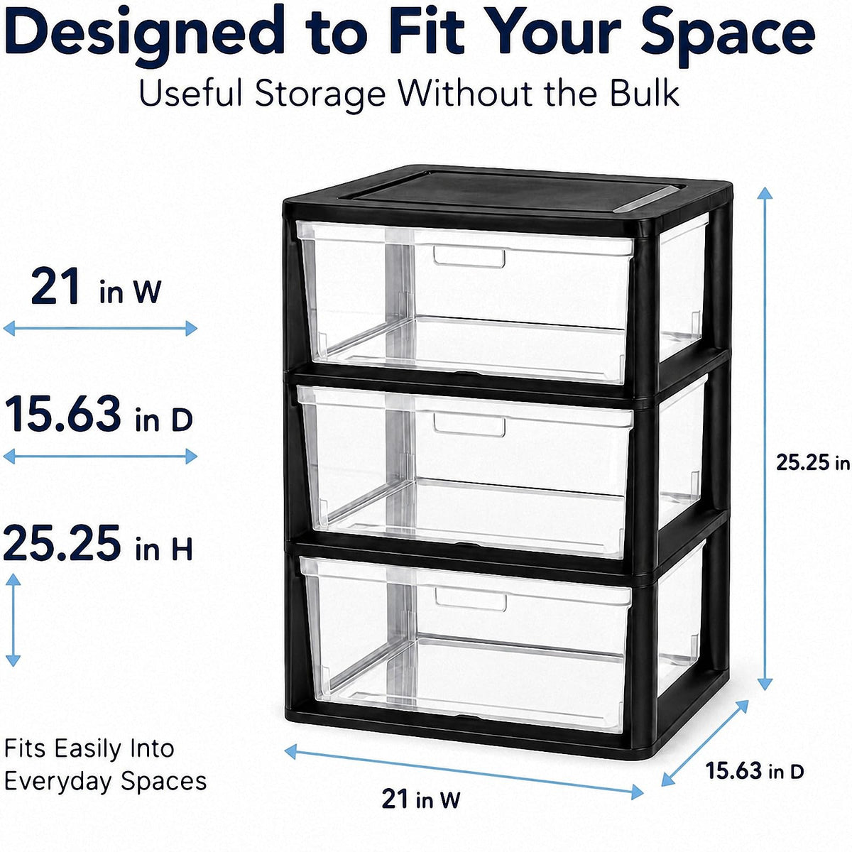 Black 3 Drawer Plastic Storage Tower with Clear Bins N26083