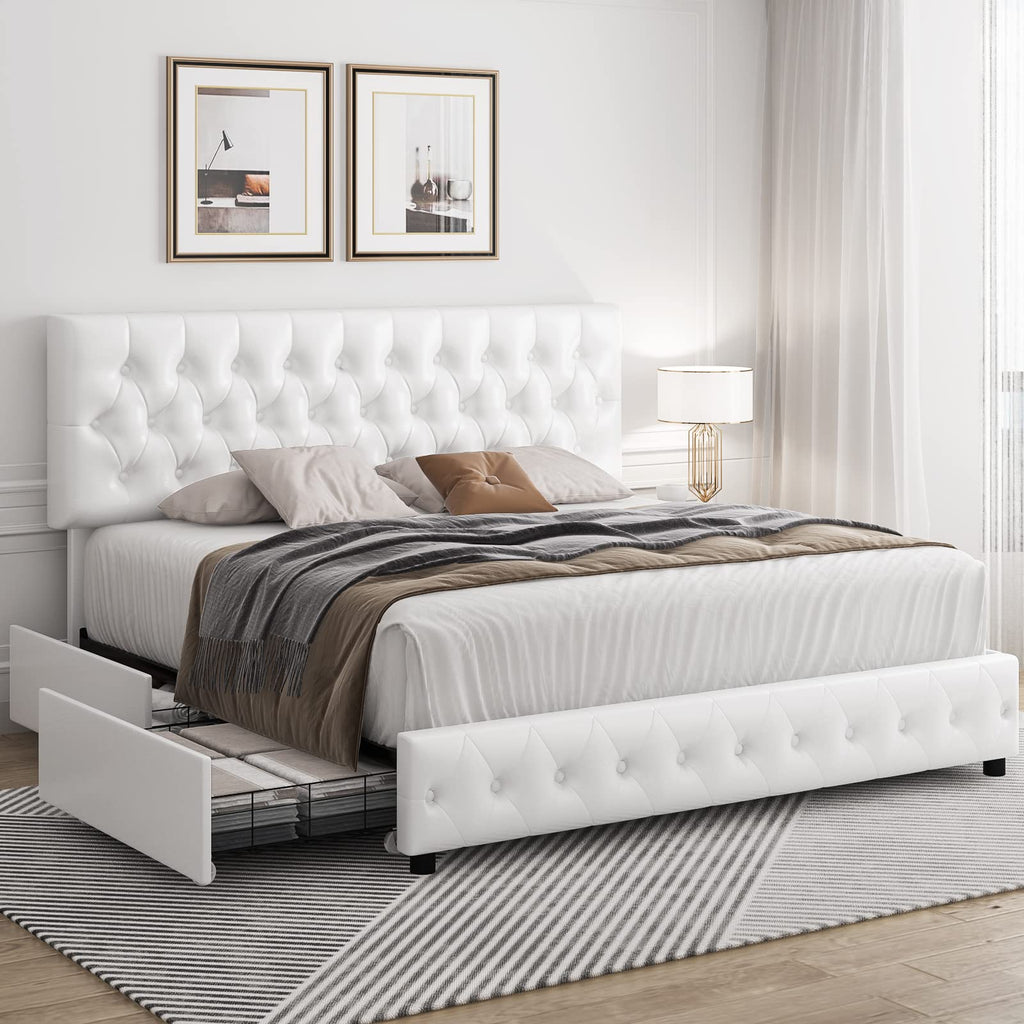 Full Size White Faux Leather Upholstered Platform Bed Frame with 4 Storage Drawers S2343