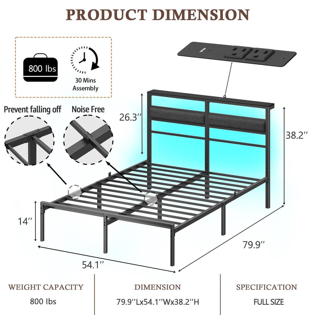 Full Size Black Platform Bed with LED Lights & Charging N349944