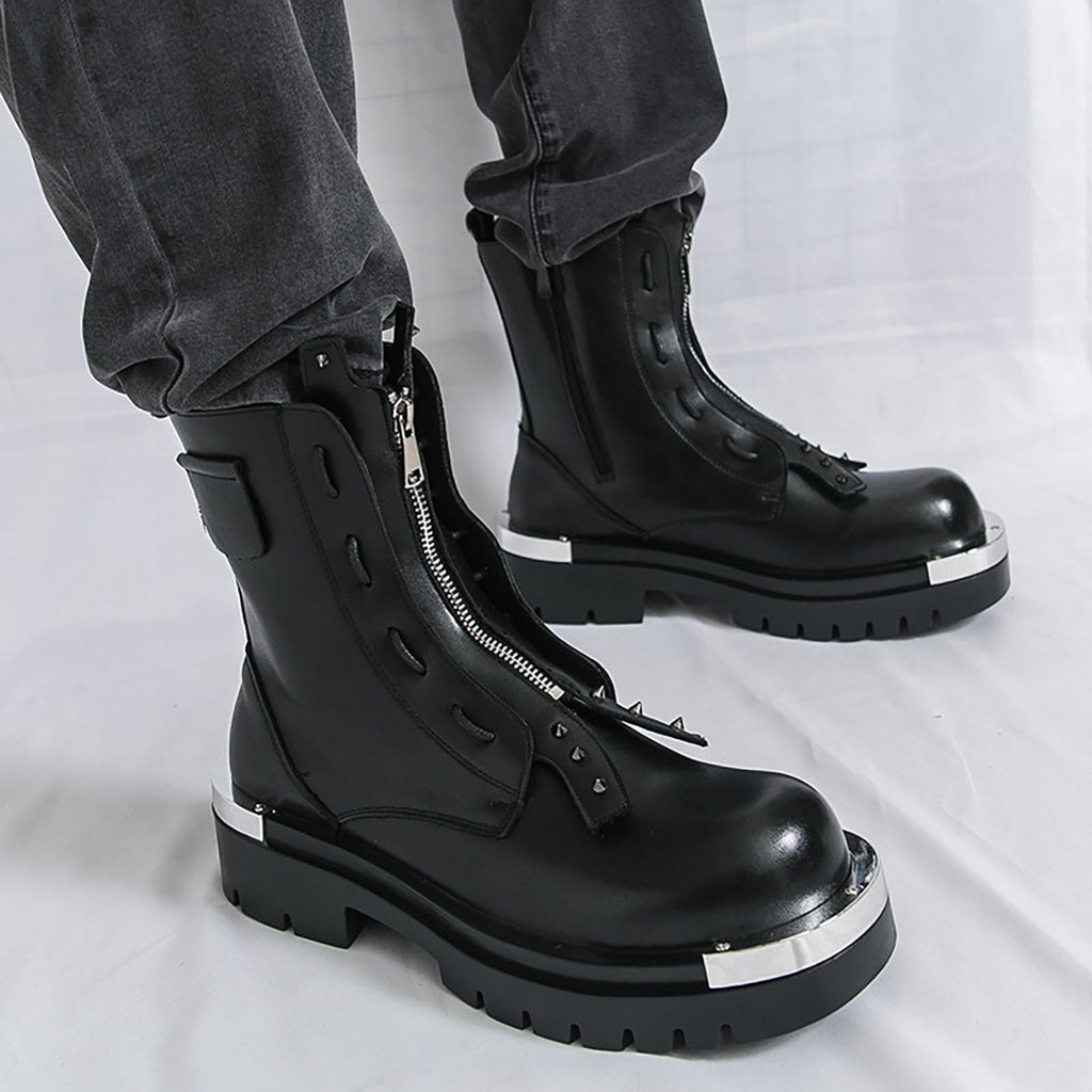 Men'S Leather Chunky Heel Motorcycle Boots With Front Zipper Round Toe Non-Slip Lug Sole Platform Ankle Boots E9569