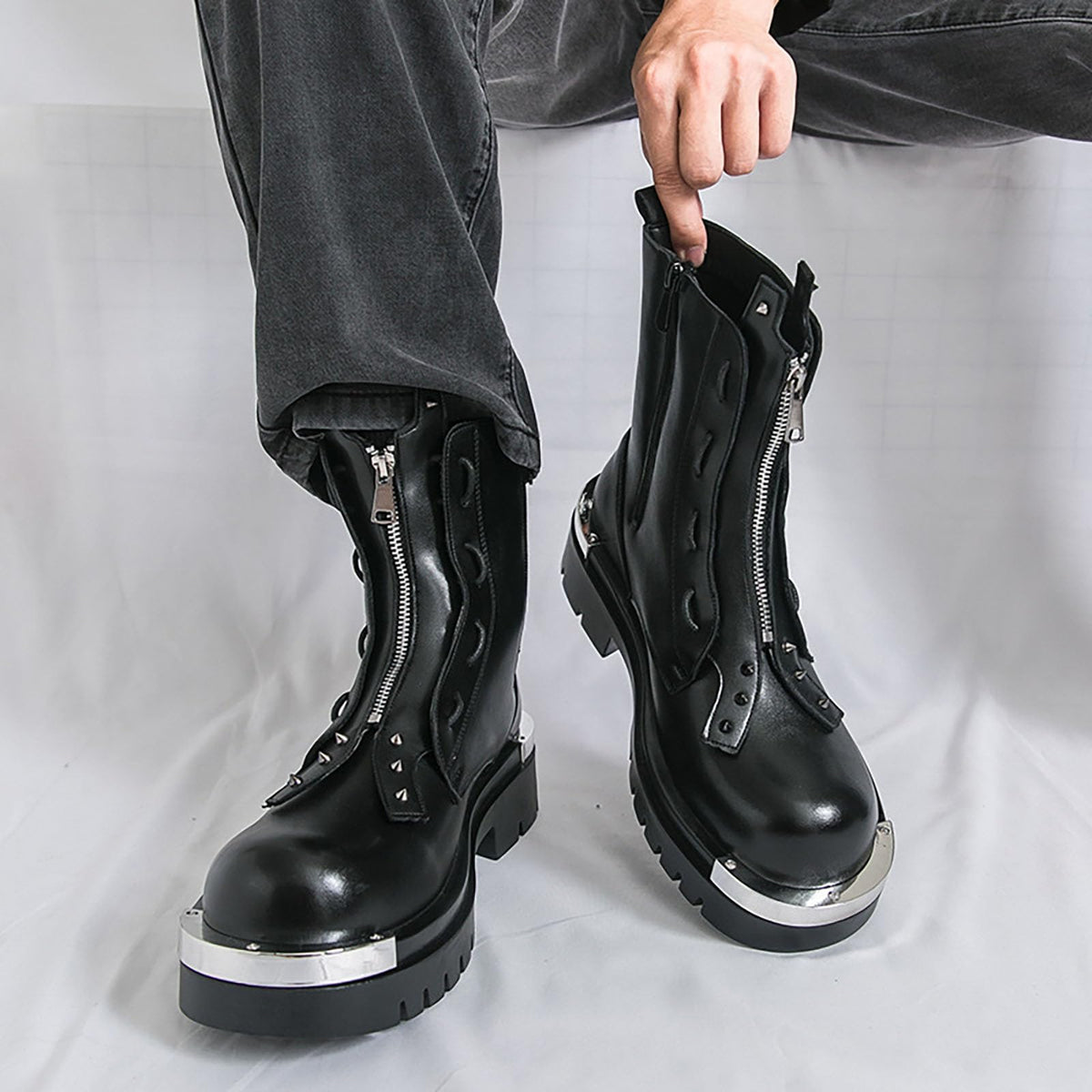 Men'S Leather Chunky Heel Motorcycle Boots With Front Zipper Round Toe Non-Slip Lug Sole Platform Ankle Boots E9569