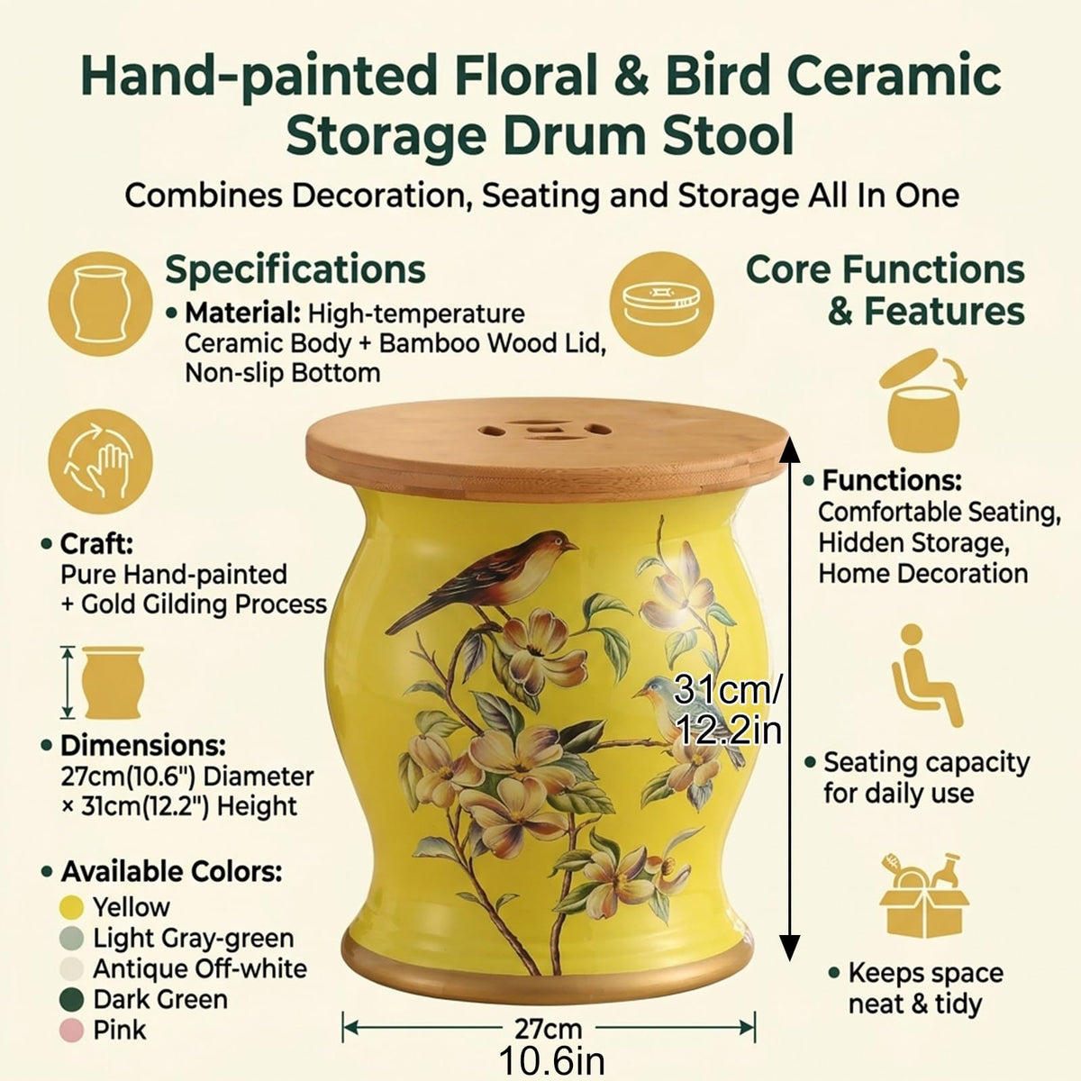 Glazed Hand-Painted Ceramic Drum Stool K92515