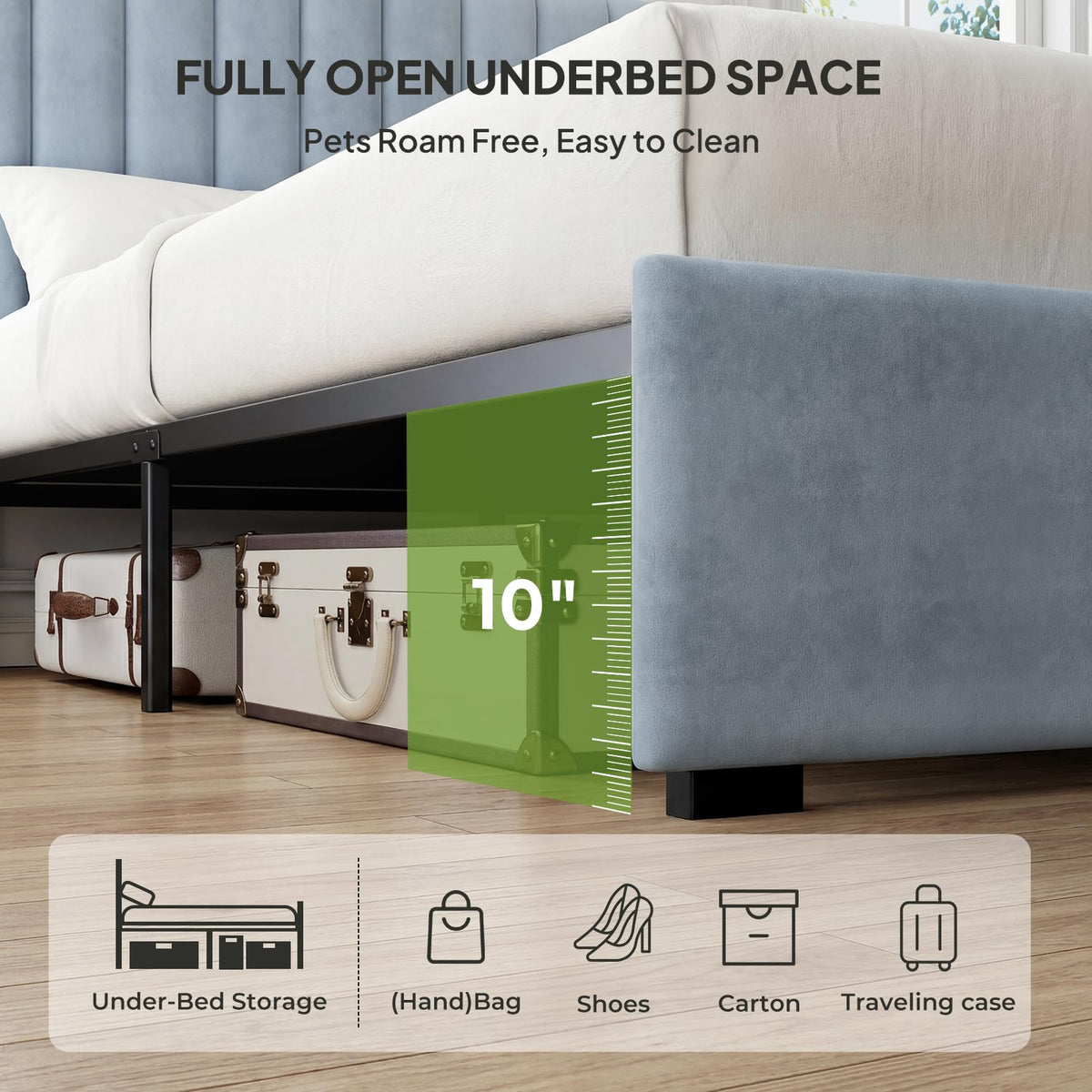 Full Size Blue Velvet Upholstered Bed Frame N600