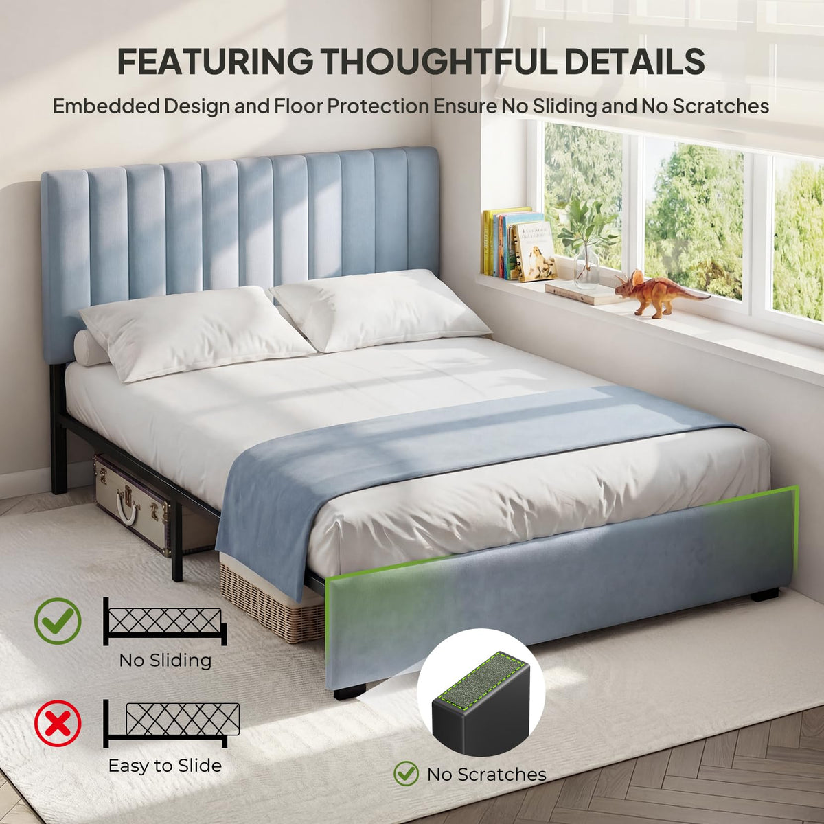 Full Size Blue Velvet Upholstered Bed Frame N600