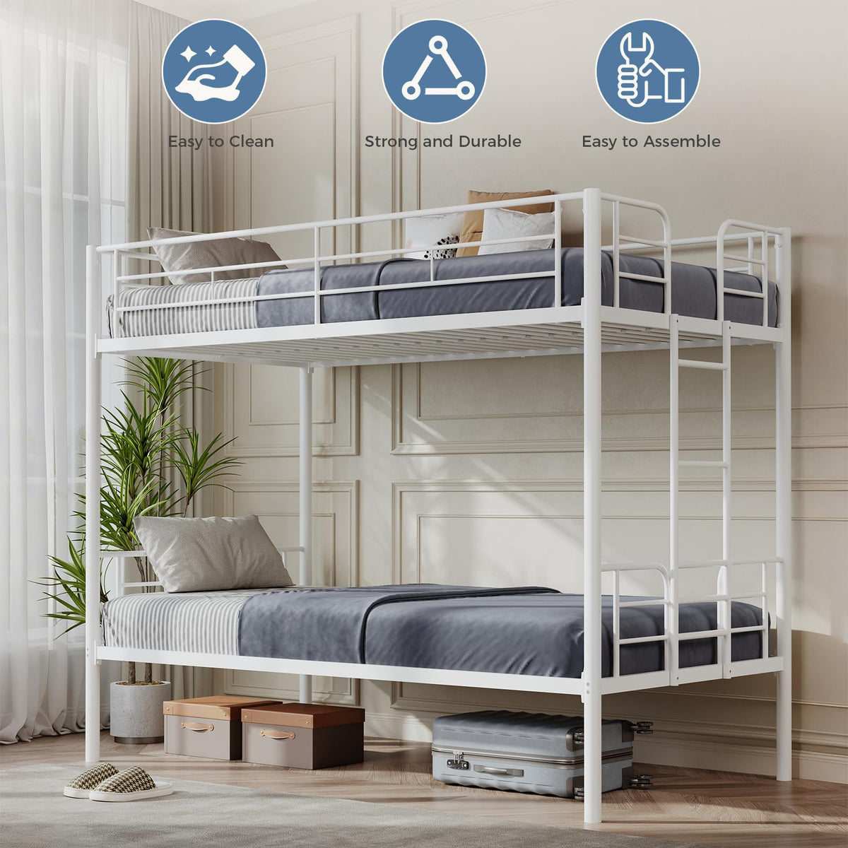Metal Bunk Bed Twin Over Twin with Ladder and Guardrail Z804180