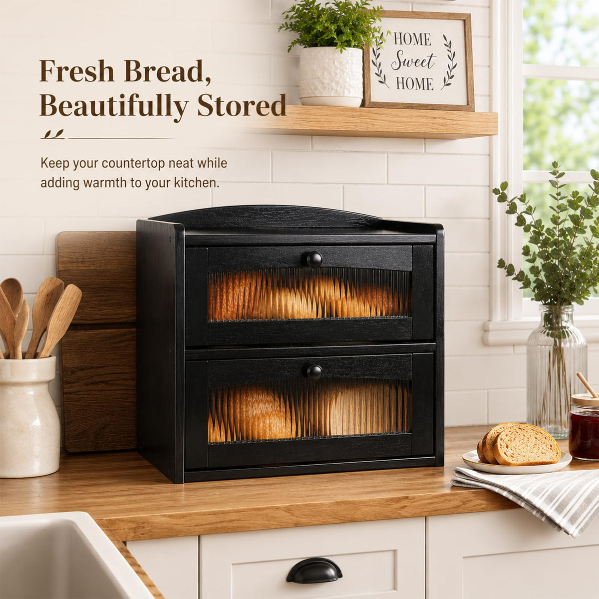 Wooden 2-Tier Bread Box with Window S904441