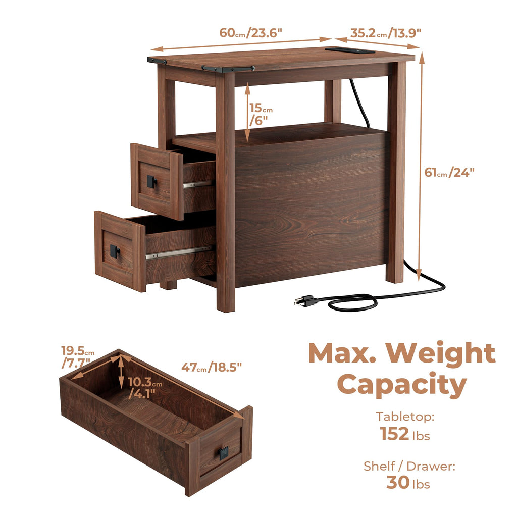 Cherry Wood End Table with Charging Station and 2 Storage Drawers E130