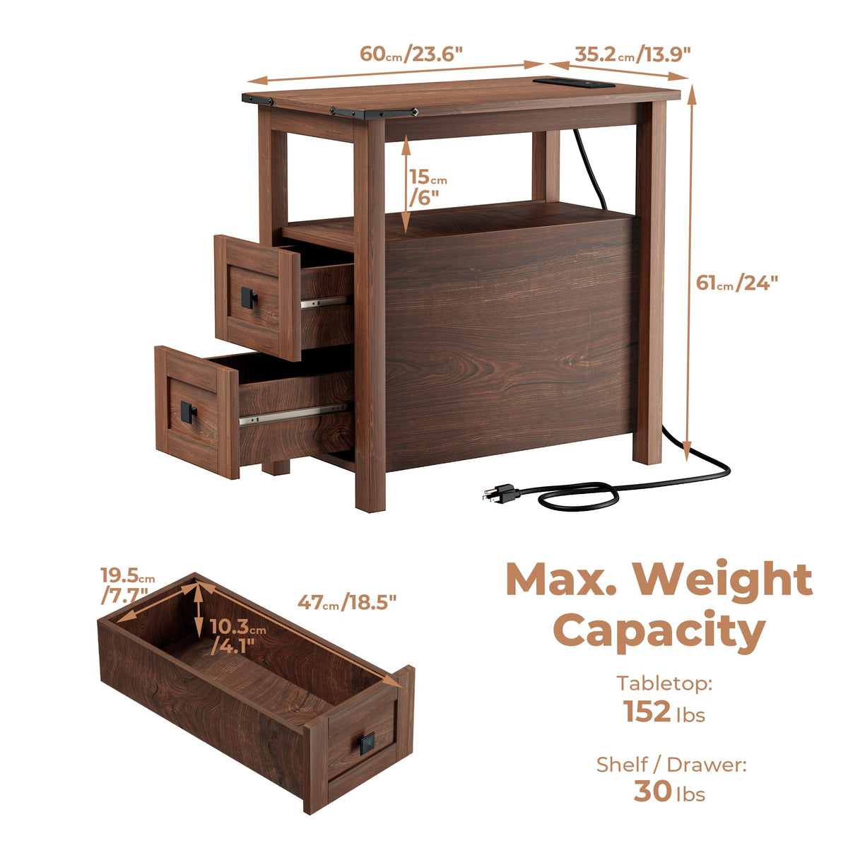 Cherry Wood End Table with Charging Station and 2 Storage Drawers E130