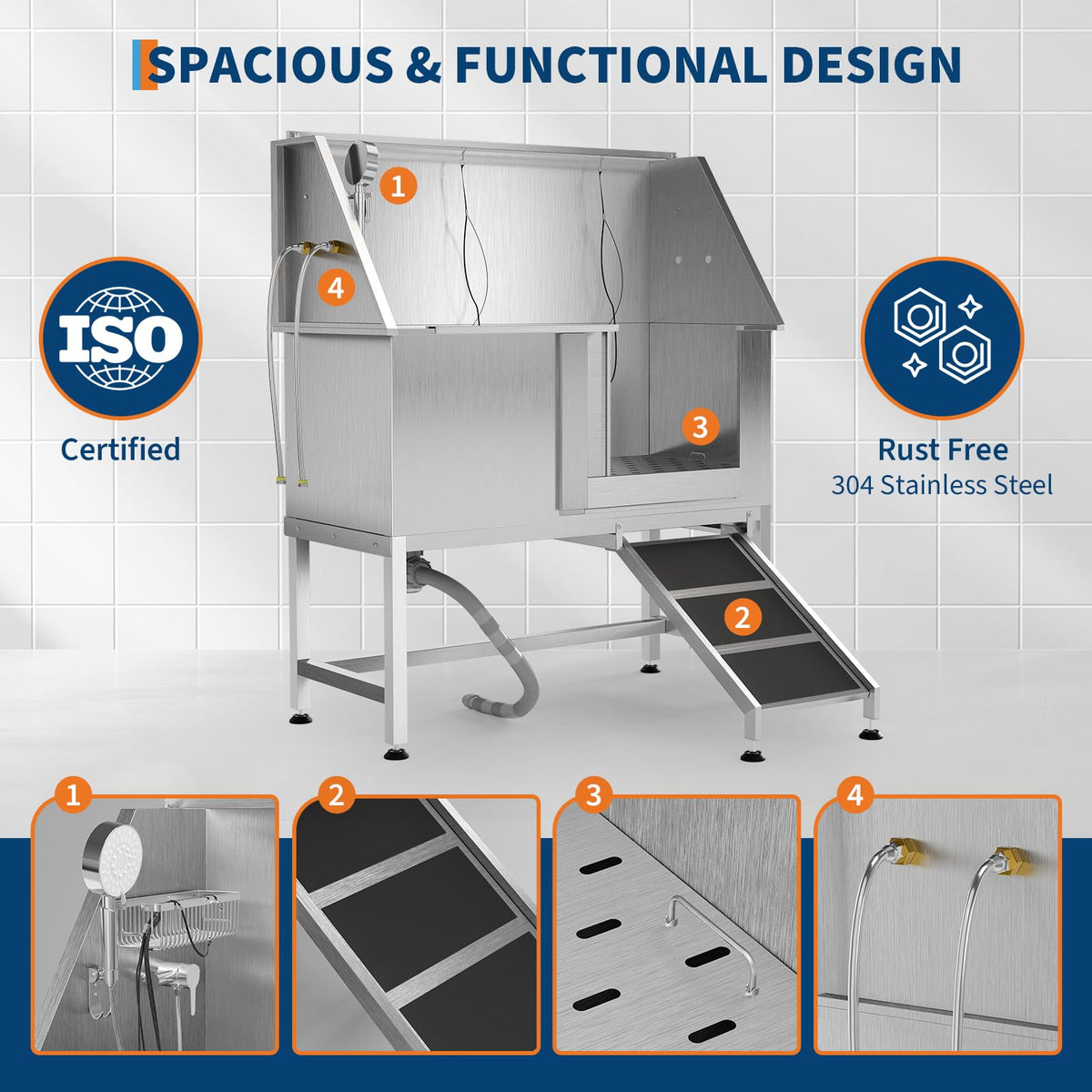 50 Inch Stainless Steel Dog Washing Station with Non-Slip Ramp P5729
