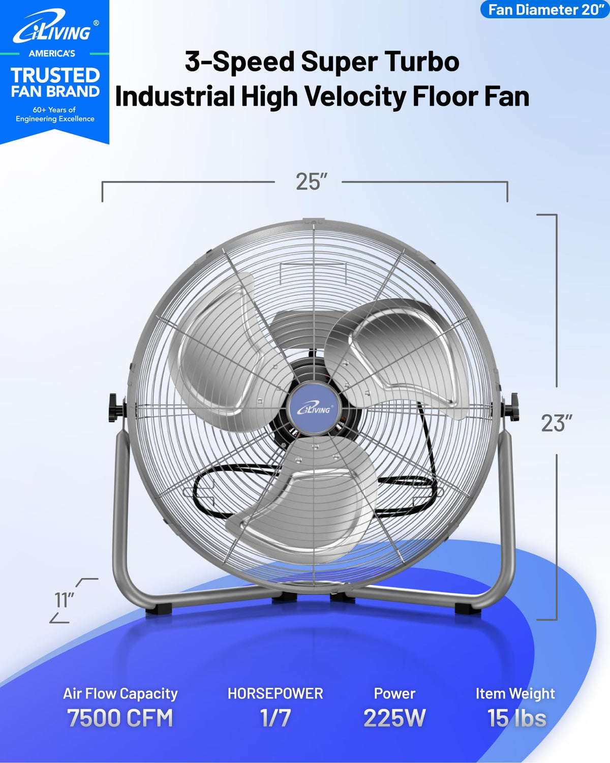 20 Inch 7500 CFM 3-Speed Metal Floor Fan V442390