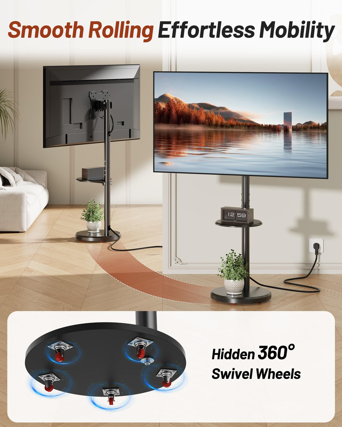 Rolling TV Stand with Shelf and Hidden Wheels D9077